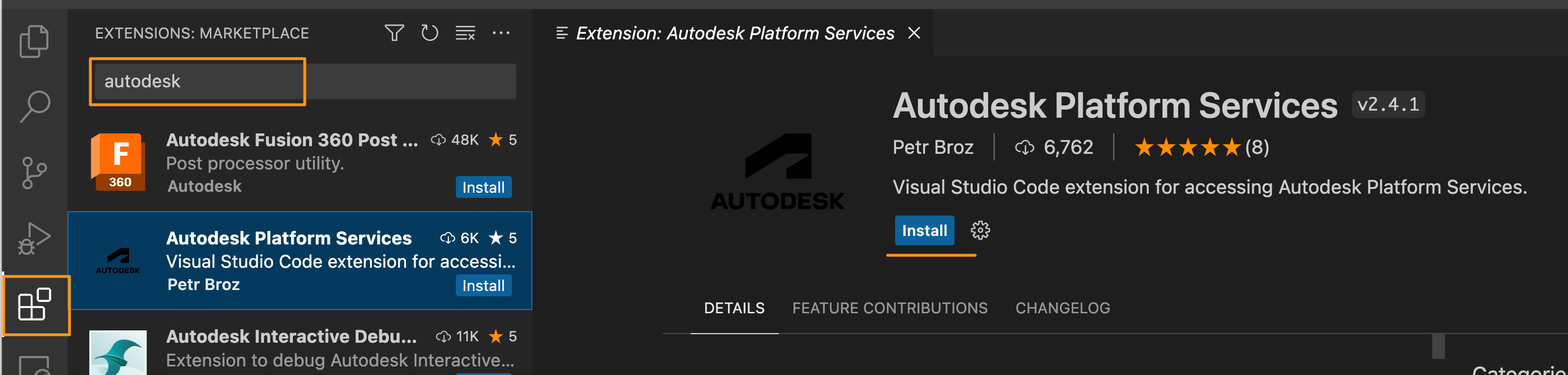 Figure 1. Looking at the listings extensions of VSCode, and searching for 'Autodesk Platform Services'.