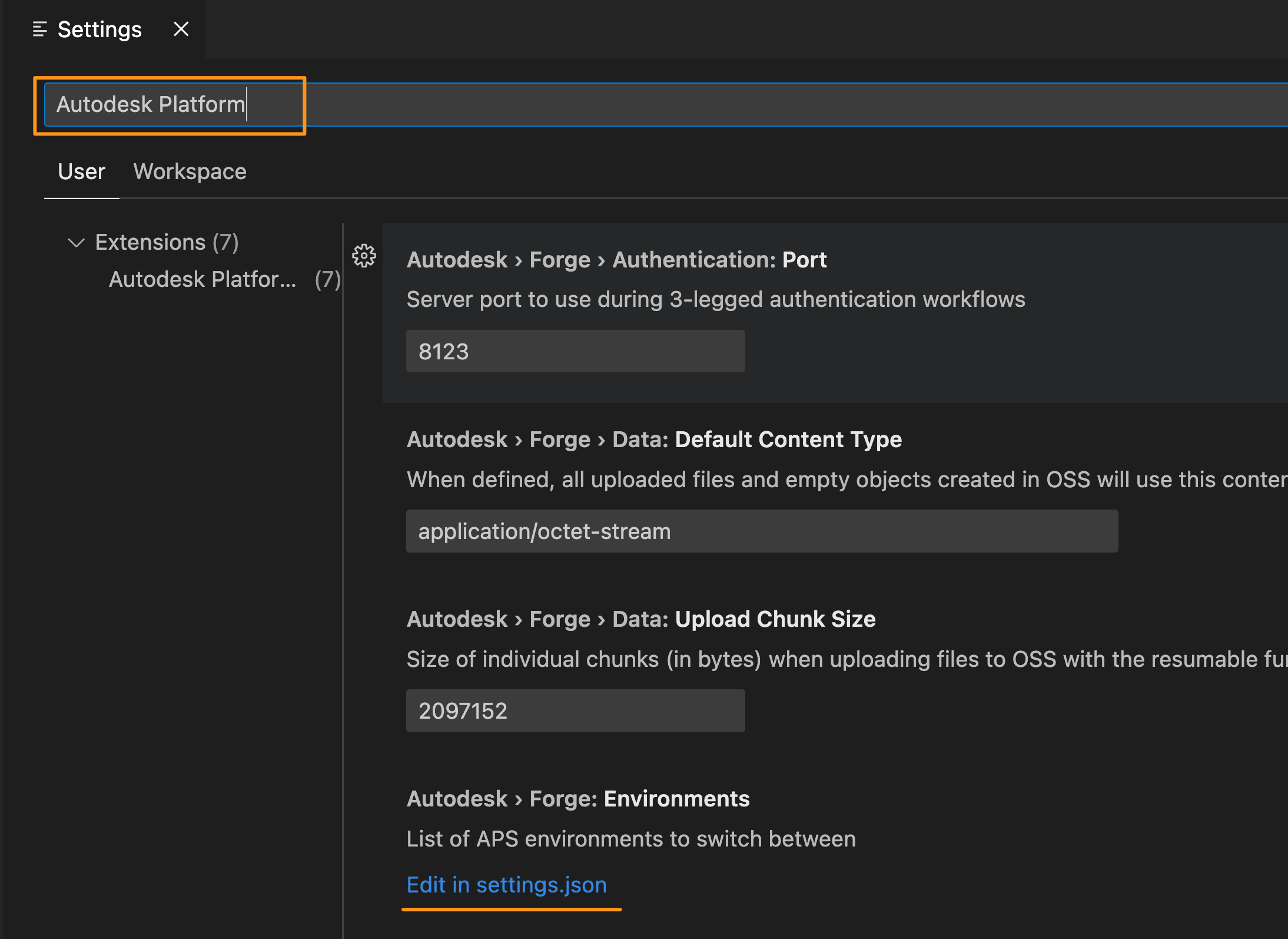 Figure 2. Search 'Autodesk Platform Service' in VSCode settings panel.