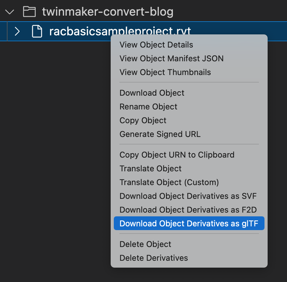 Figure 9. Download object derivative as glTF from RVT file menu