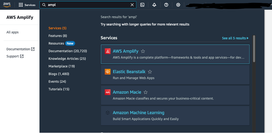 AWS Management Console - Search for AWS Amplify
