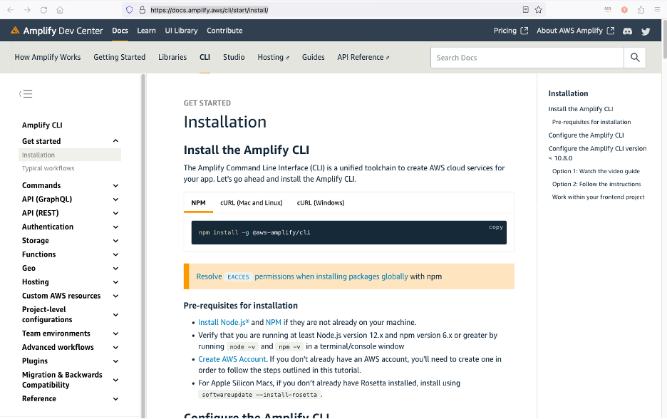 Amplify docs CLI installation page