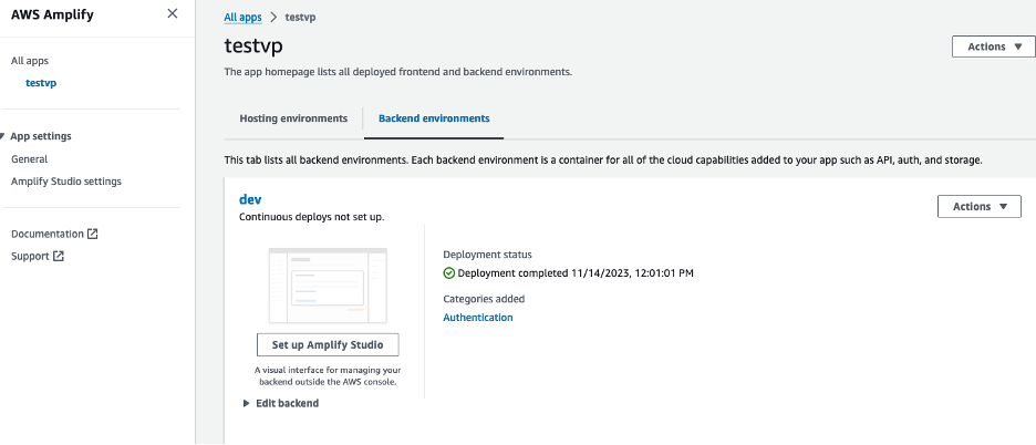 View of AWS Management Console for AWS Amplify, viewing newly deployed application.