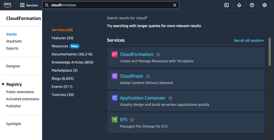 CloudFormation displayed in search within AWS Management Console