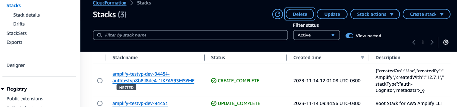 View of the AWS CloudFormation Console with deployed stacks.