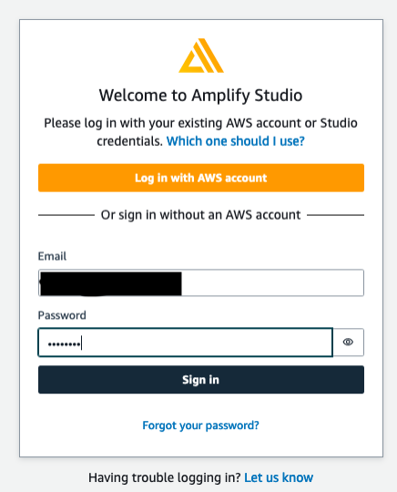 AWS Amplify Studio login dialogue.