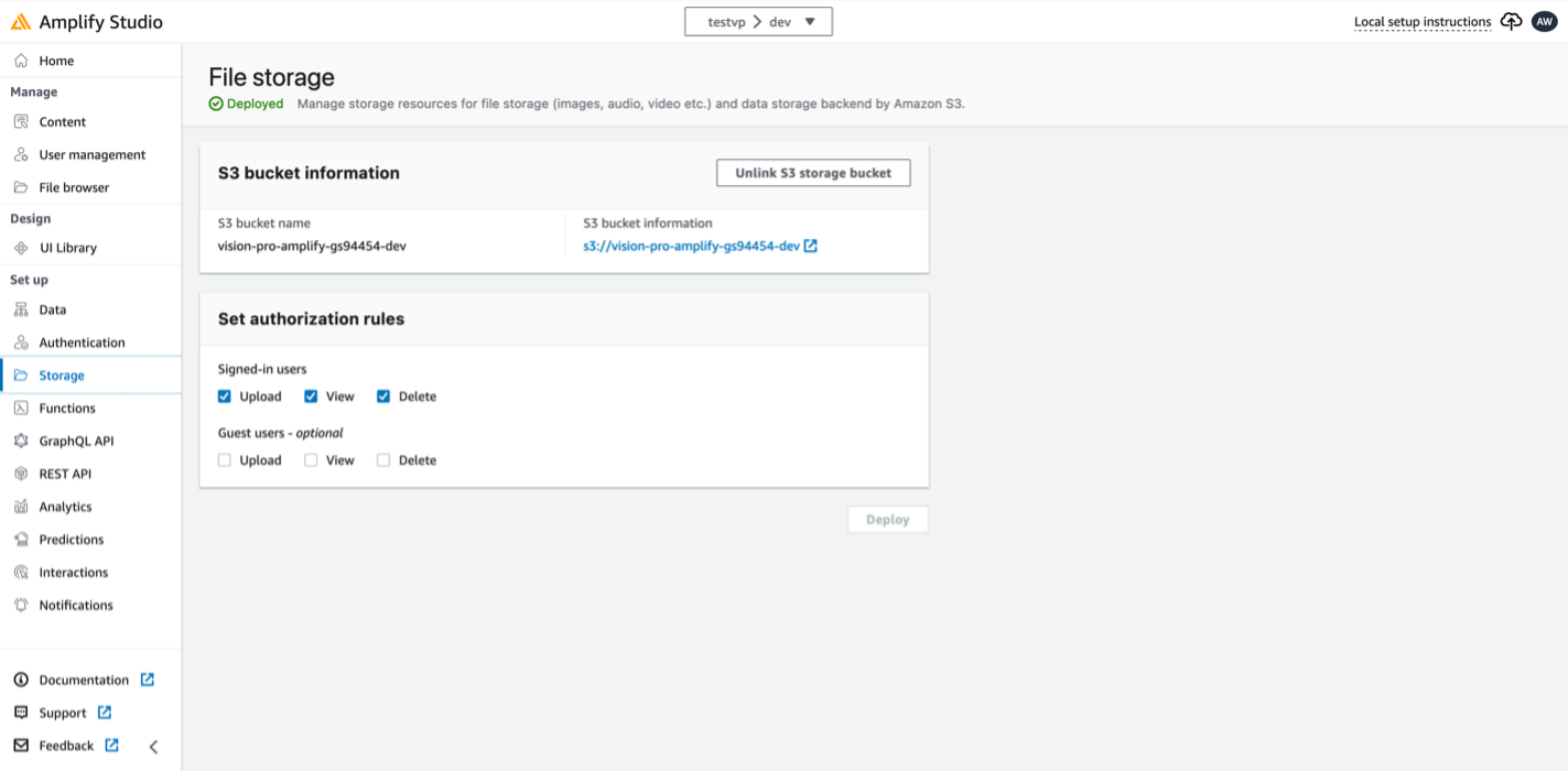 Amplify Studio Storage page.