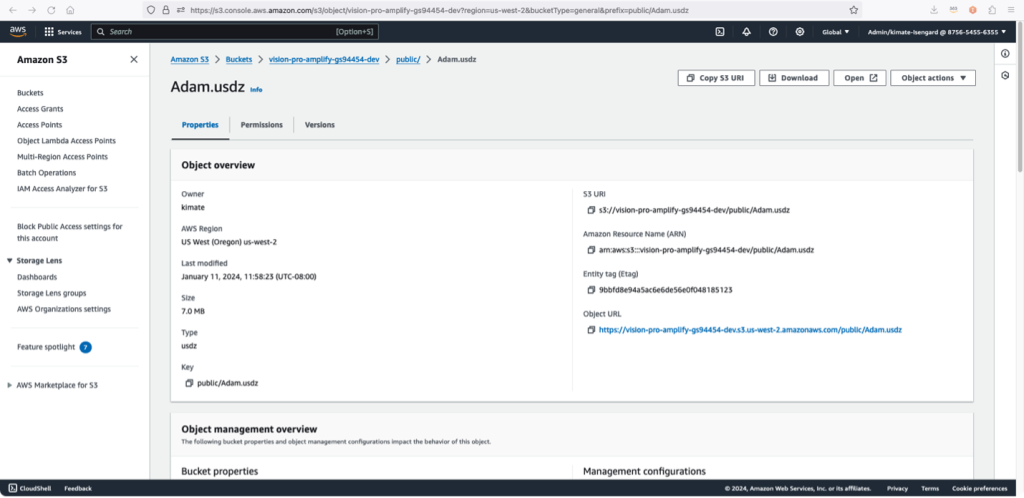 Amazon S3 object information dialogue