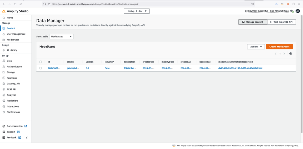 Amplify Studio Data Manager after creating a ModelAsset item.