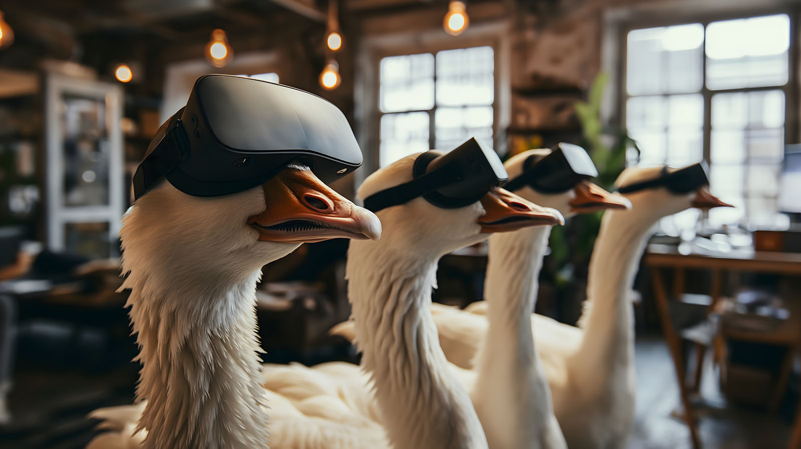 Four ducks with virtual reality headsets are standing next to each other in a dark room.