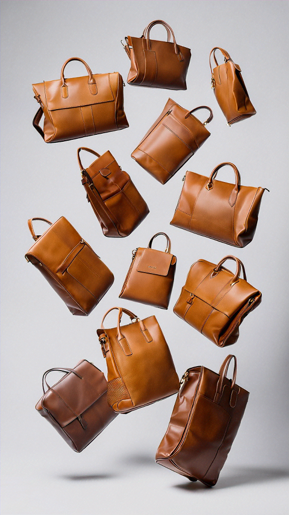 a dozen brown leather bags dropping to the ground against a white studio backdrop