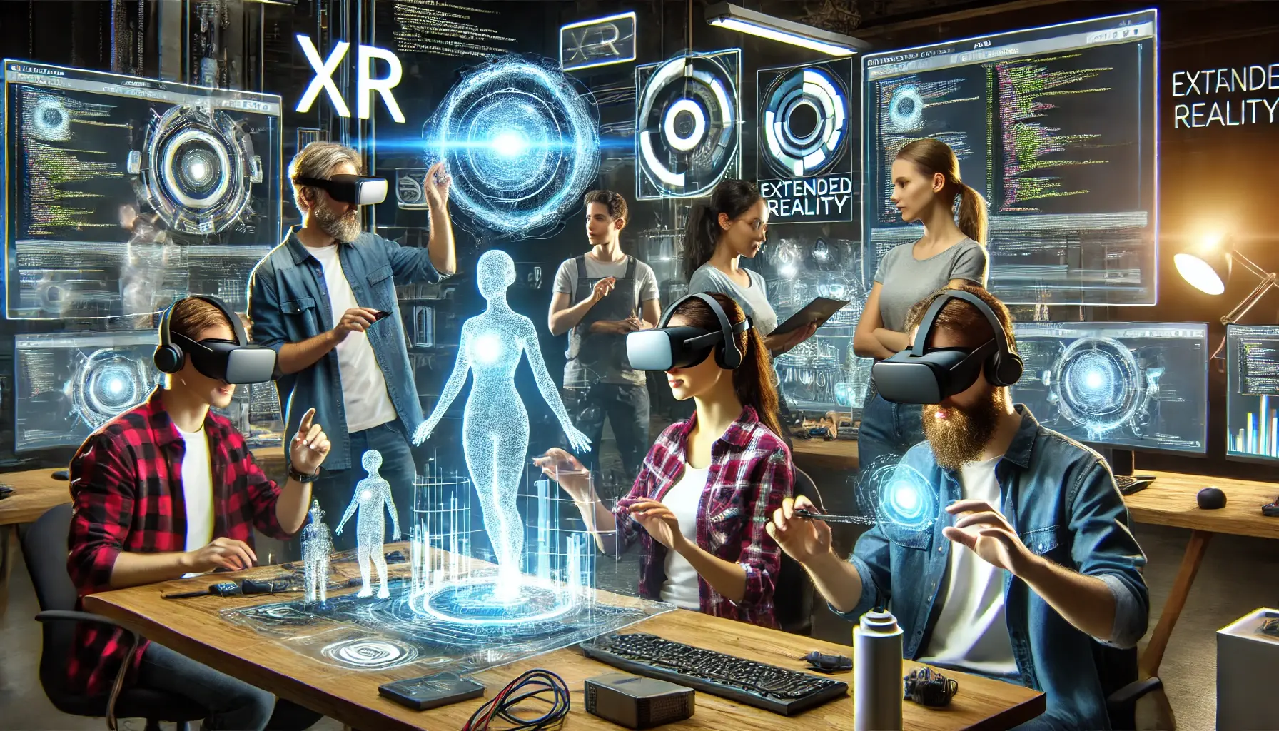 A futuristic looking room with people using XR headsets and collaborating with holograms and charts of data