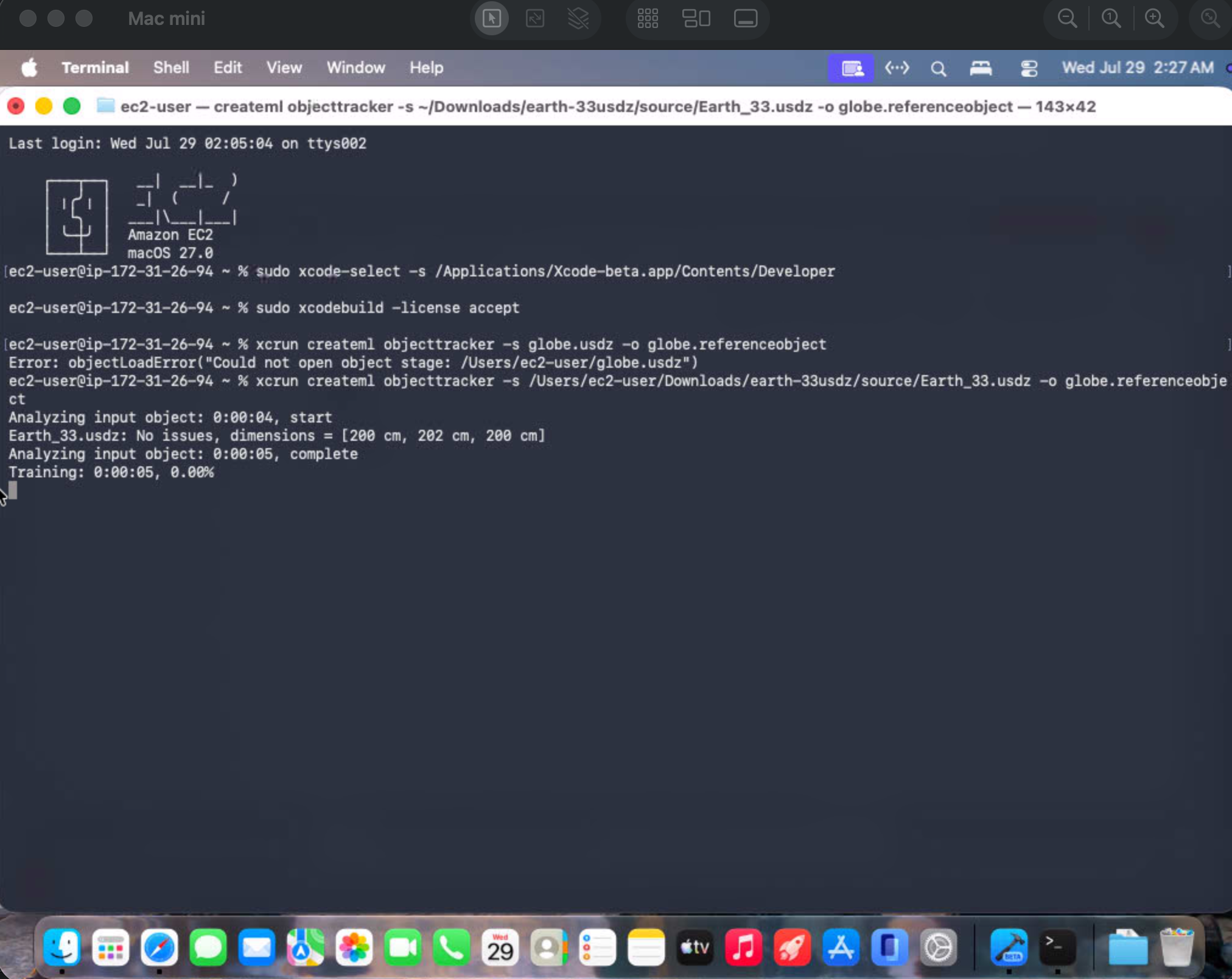 Figure 4d: Create ML object tracking running on the macOS 27 beta instance (analysis complete, training started)
