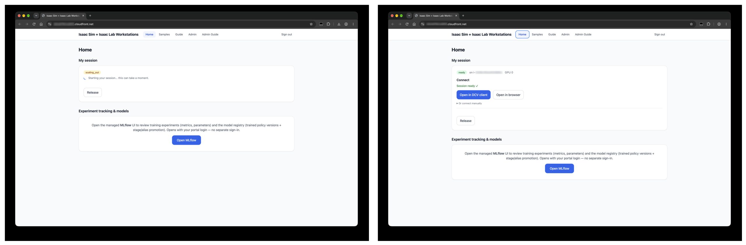 Figure 4. Claiming a session: the control plane grows the fleet (left, state scaling_out while a host boots from the golden AMI), then the session is ready (right), pinned to GPU 0 on a named instance with native-client and in-browser connection options.