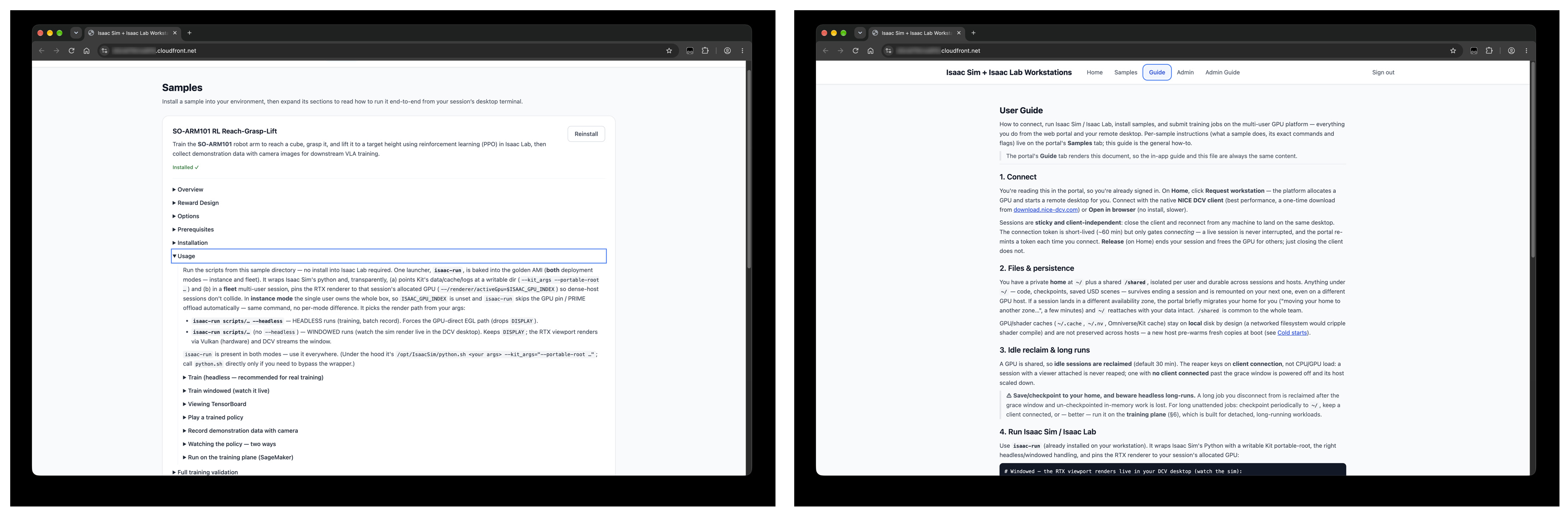 Figure 5. The Samples tab (left): install a sample into your own home, then expand its sections for exact commands and flags. The user guide (right) is rendered from the repository’s own markdown, so the in-app guide and the docs cannot drift apart.