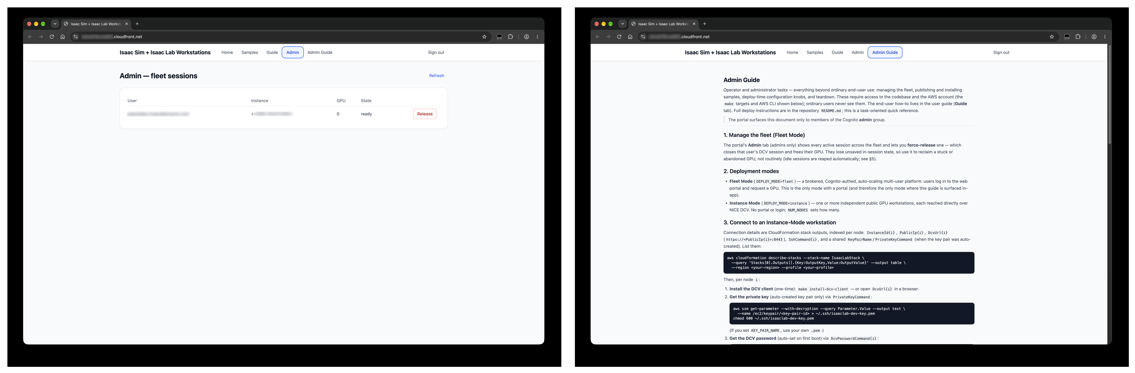 Figure 6. Admin-only surfaces: every active session across the fleet with force-release (left), and the admin guide (right), surfaced in-app only to Amazon Cognito admins.