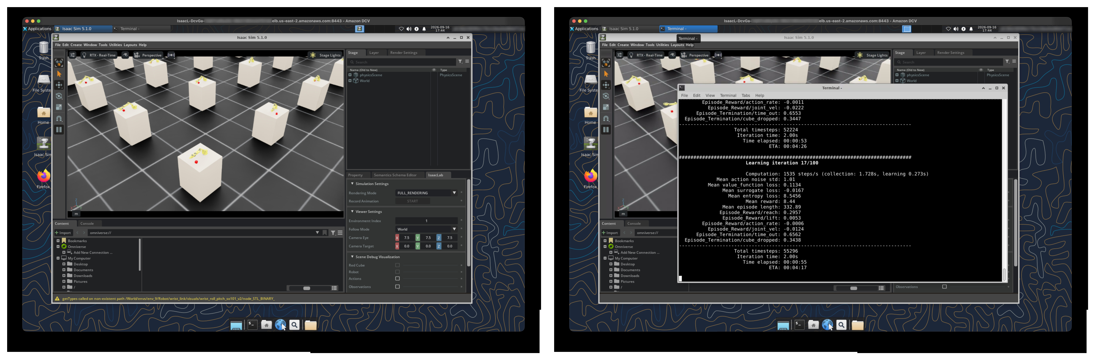 Figure 7. Parallel SO-ARM101 environments training live in Isaac Sim 5.1.0 (left), with Isaac Lab’s viewer panel for switching environments and camera framing; the per-term reward breakdown in the desktop terminal (right), next to the live viewport.