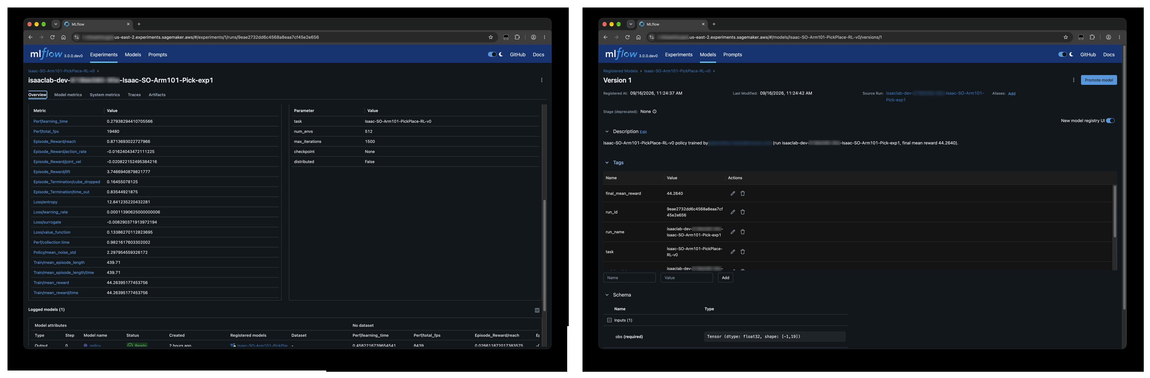Figure 9. The run’s Overview (left): final metrics beside the hyperparameters that produced them. Version detail (right): provenance tags, the source-run link, the signed input schema, and the promotion and alias controls.