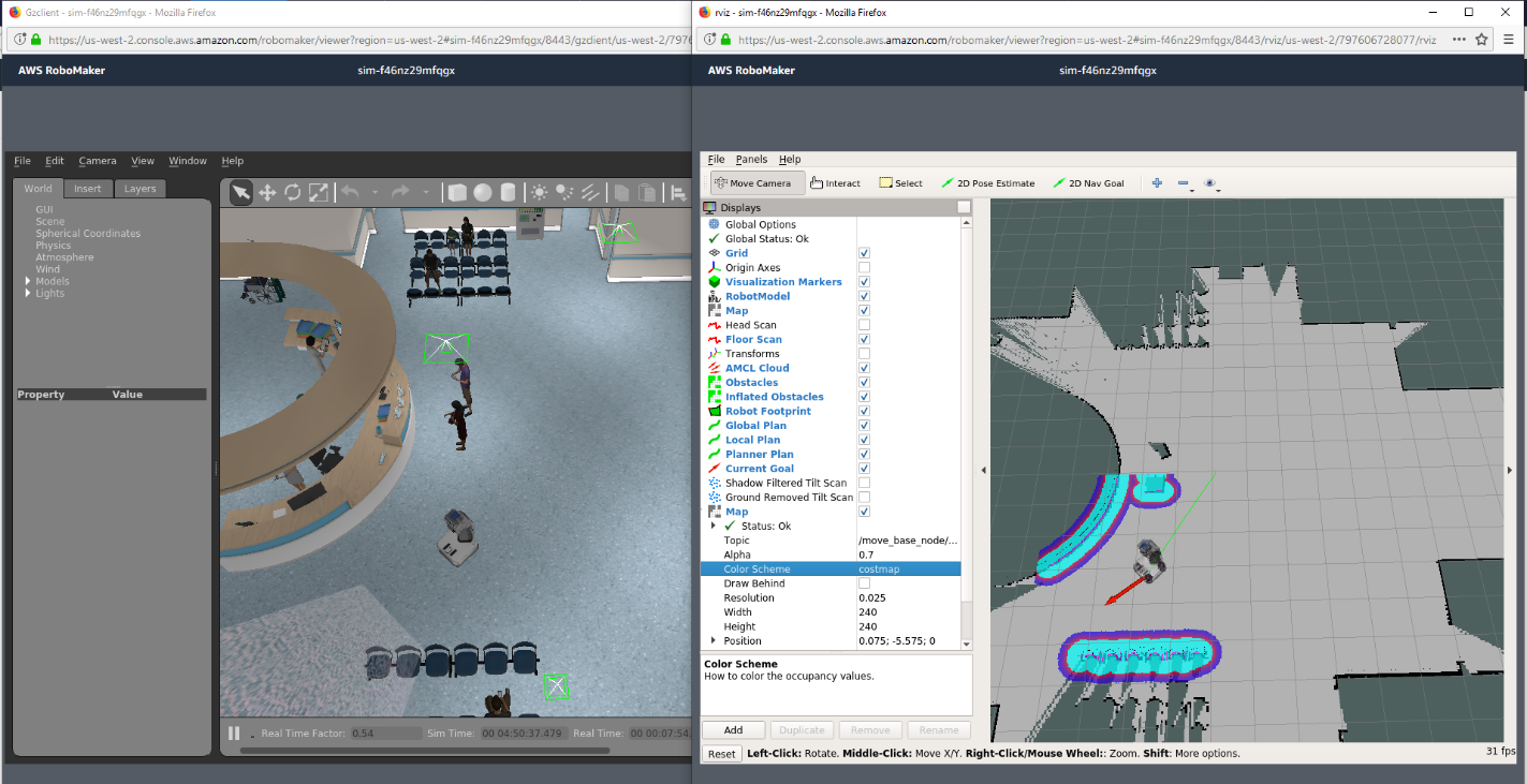 Figure 11: Gazebo and RViz view with the local costmap inflating obstacles