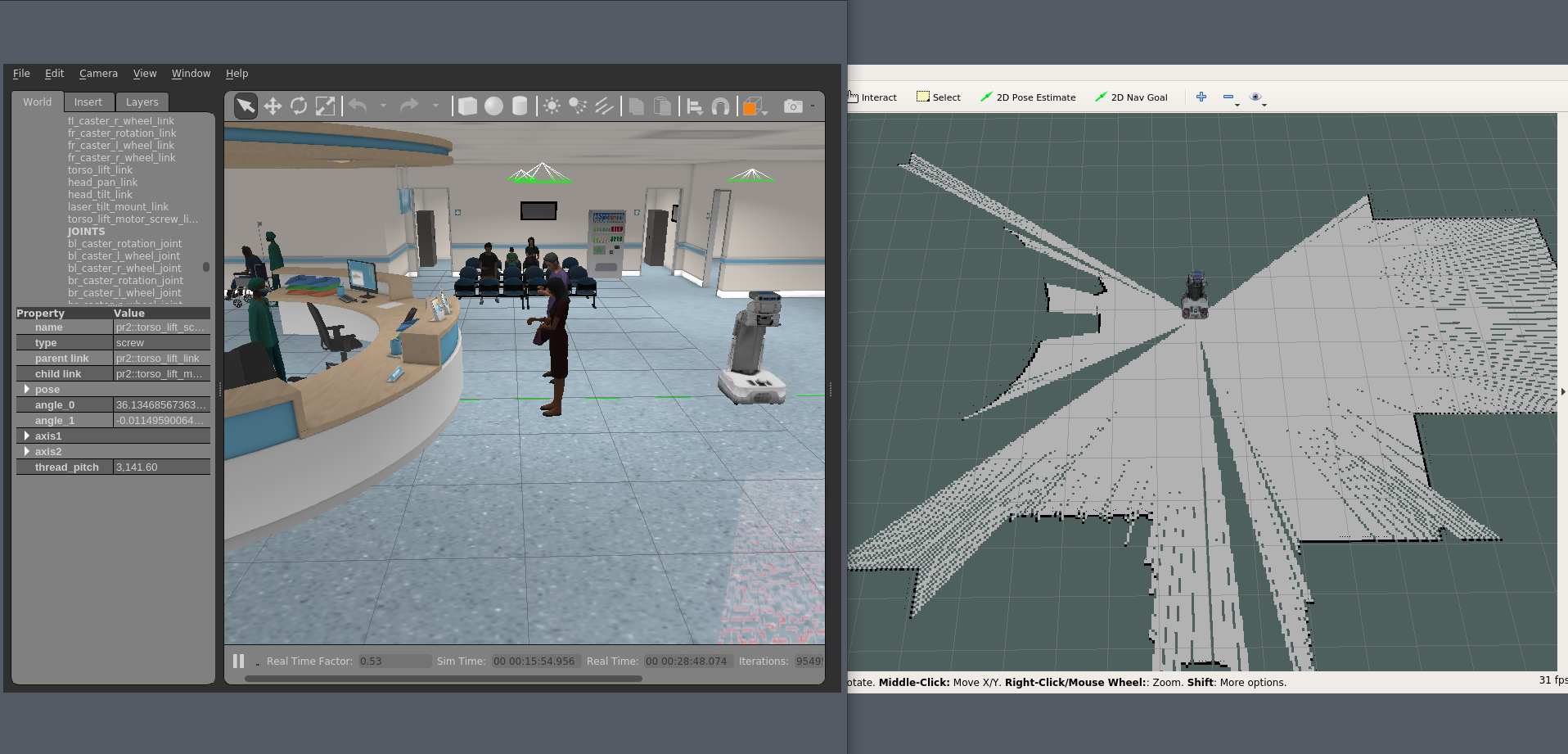 Figure 6: Gazebo and RViz views of PR2 in hospital lobby 