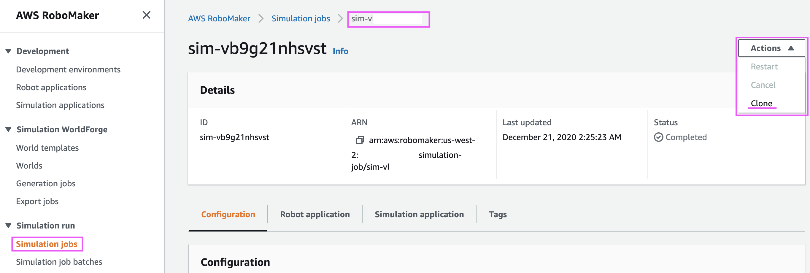 Clone a simulation job in AWS RoboMaker