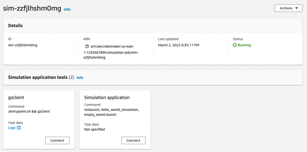 AWS RoboMaker Simulation Job Pane