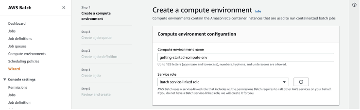 Screenshot of console Step 1: Create a compute environment