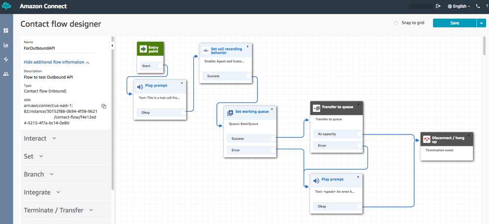 Amazon Connect contact flow designer sample flow screenshot.