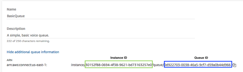 Assigning the Amazon Connect instance ID and queueID.