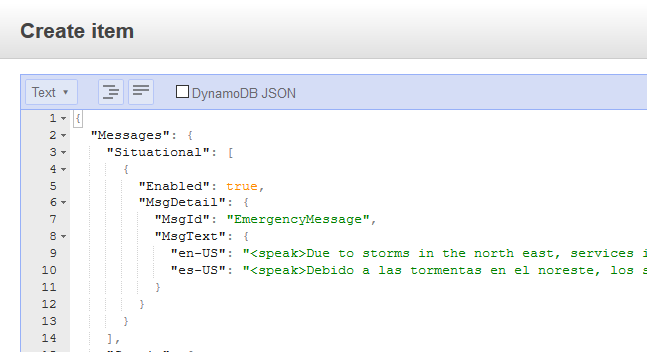 DynamoDB Create Item Screen Shot