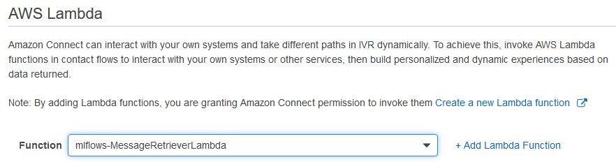 Screen Shot of how to link a Lambda to Amazon Connect