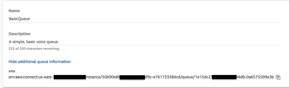 Screenshot showing where to find the Connect queue ARN