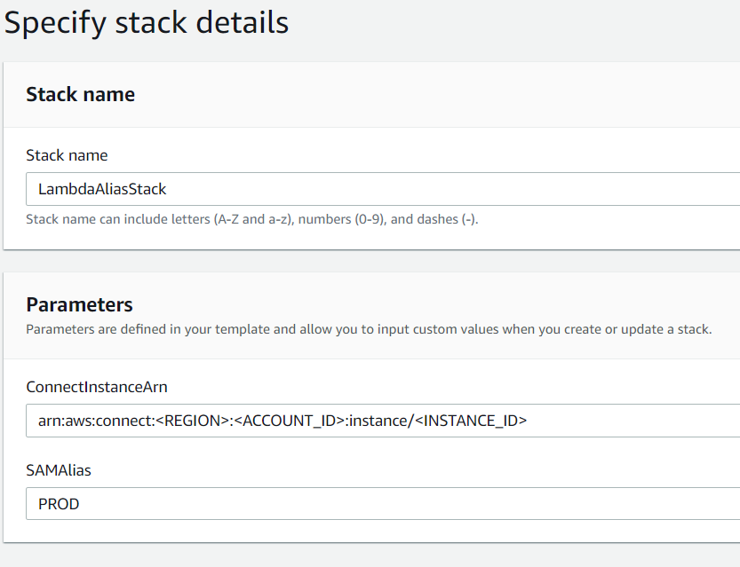 An example of what the Parameters section   of the Cloudformation Stack might be