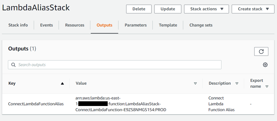 An example of what the Output tabs of the Cloudformation Stack might look like