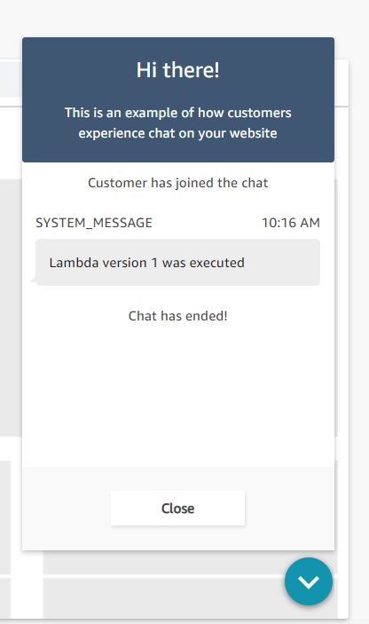 An example of what the test chat window will show when executing a Lambda function version.