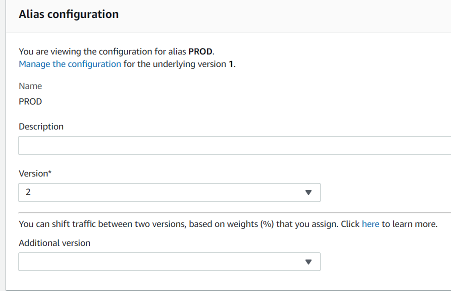 Configure the Lambda alias to use a different version.