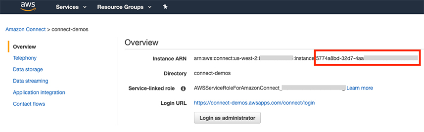 Screenshot of Amazon Connect console showing Instance ARN