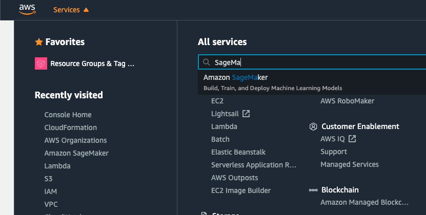 SageMaker service on AWS Console