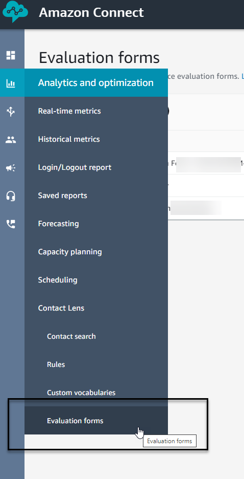 Evaluation form placement within Amazon Connect console menu system