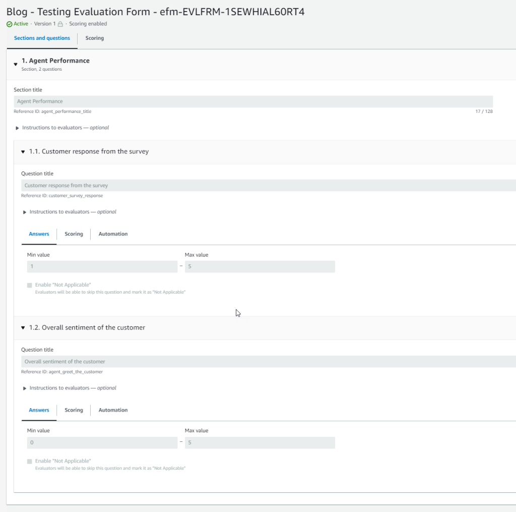 Evaluation form that was created via the API