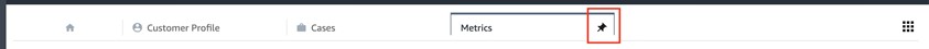 A screen showing the top pane of the Amazon Connect agent workspace. In this pane, there is a home icon, Customer Profiles tab, Cases tab, and a 3p app tab named Metrics. The 3p app has a pin icon, indicating it's ability to be pinned for frequent use.