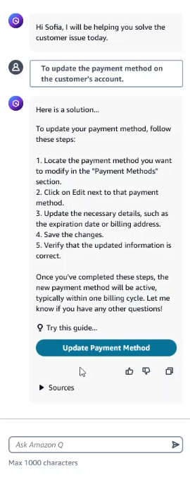 An Amazon Q in Connect solution that provides steps to update a payment method and includes an associated guide to complete the process.