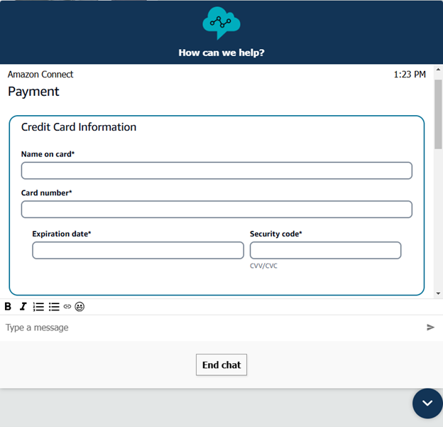 An Amazon Connect step-by-step guide collecting credit card information in a chat