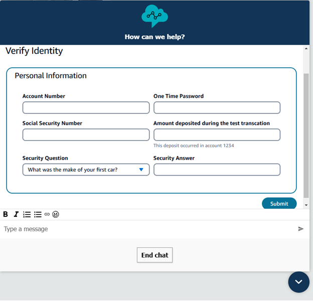 An Amazon Connect step-by-step guide collecting information to verify an identity in a chat