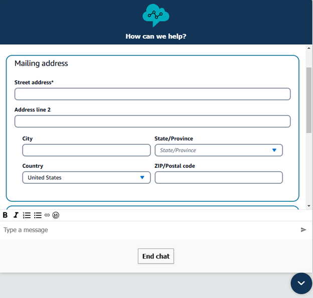 An Amazon Connect step-by-step guide collecting mailing address information in a chat