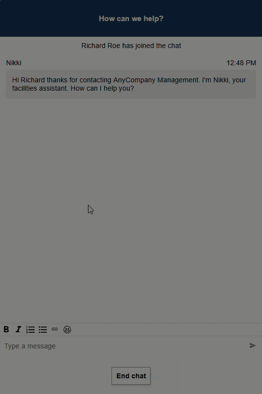 Animated GIF showing an AI agent handling a facilities request from start to finish, highlighting reasoning steps and 3p system integration