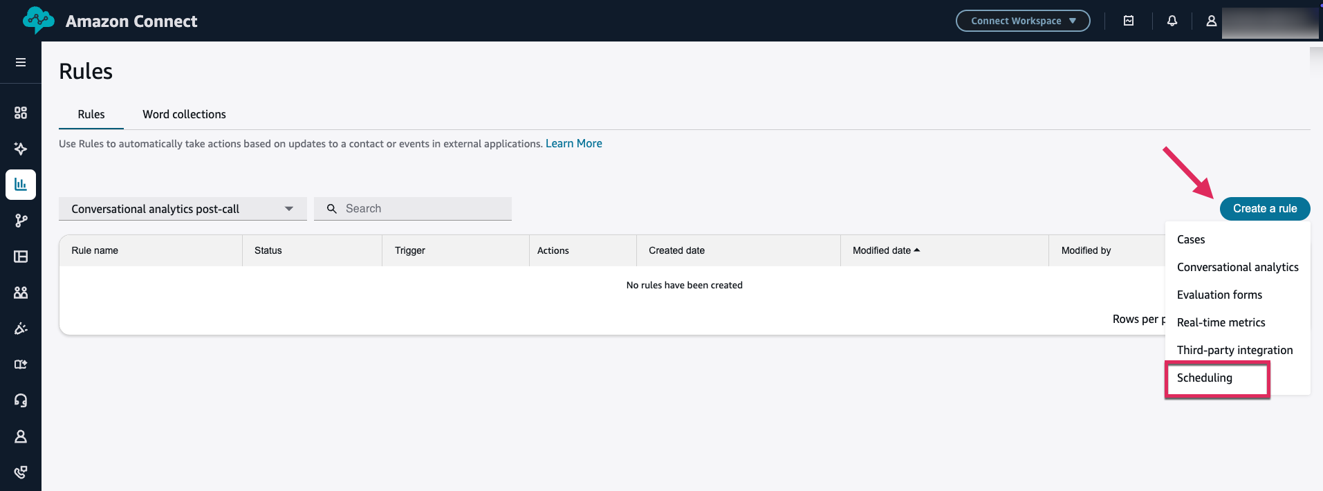 Connect Customer Rules page showing Create a rule button with Scheduling option highlighted in the sidebar