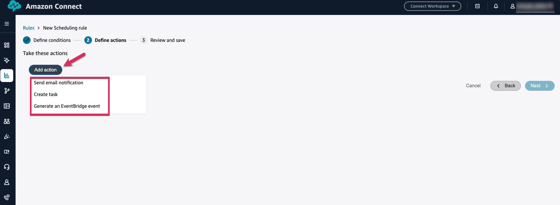 Step 2 Define actions showing Add action dropdown with Send email notification, Create task, and Generate an EventBridge event options