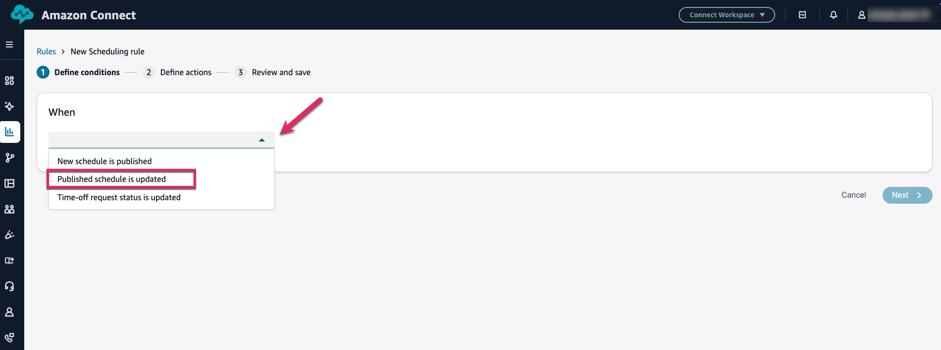 Step 1 Define conditions showing Published schedule is updated selected as event source