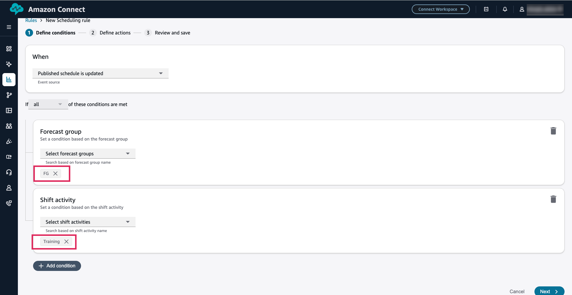 Rule condition with forecast group selected and Training shift activity filter applied