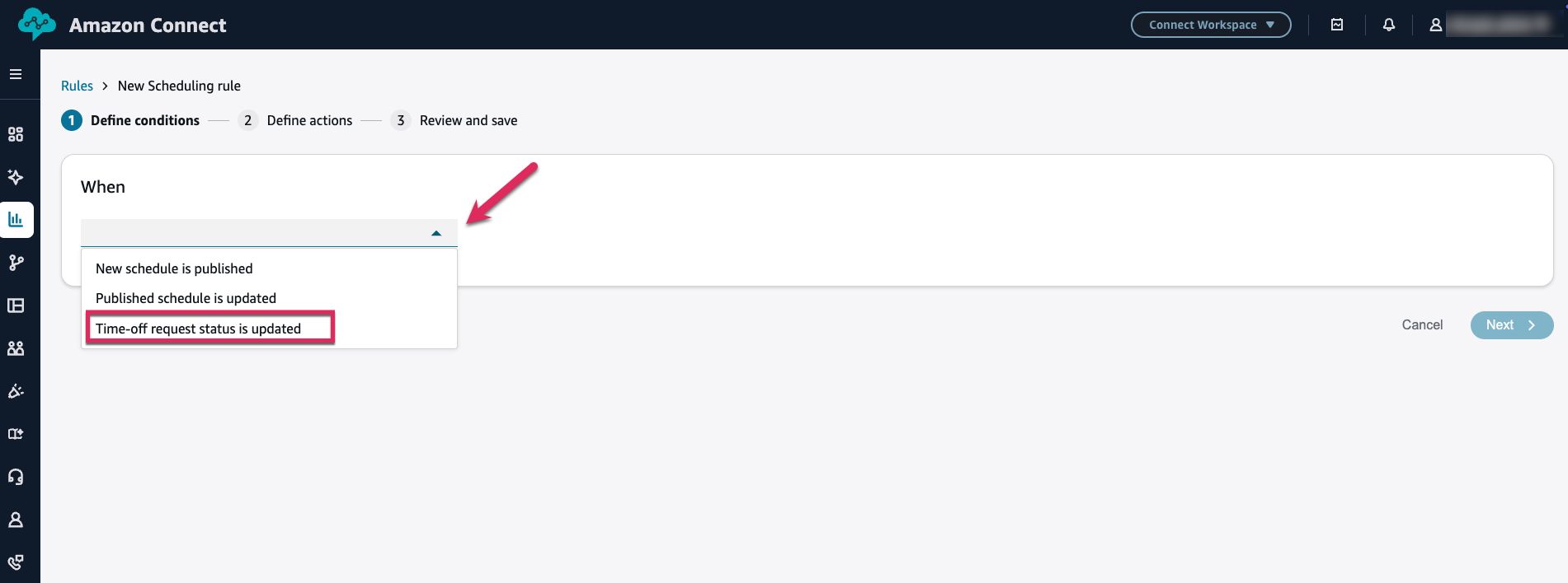 Step 1 Define conditions showing Time-off request status is updated selected as event source